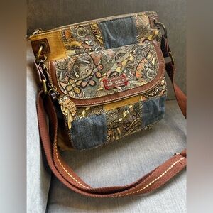 Sakroots Artist Circle Flap Paisley/Denim Crossbody - Owl Charm- Peace and Love